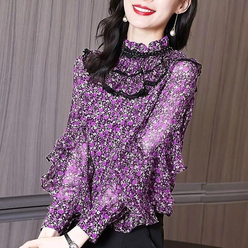 Fashion Chiffon Shirt Spring Autumn Ruffle Edge Stitching Bottoming Blouse New Long Sleeved Thin Top M-4XL
