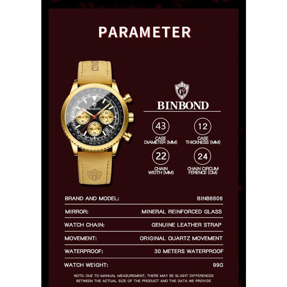 BINBOND Top Brand Man Quartz Watch Waterproof Luminous Date Chronograph Leather Wristwatch Military Sports Luxury Men's Watches