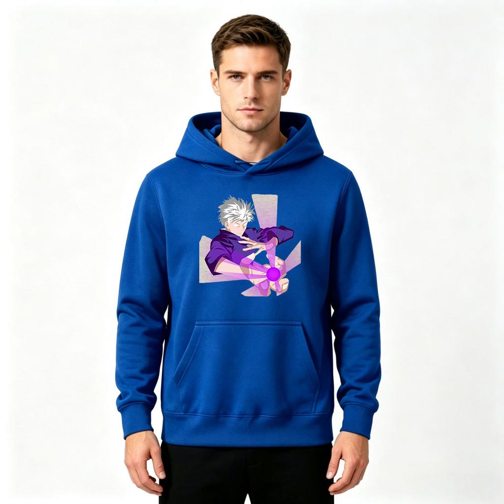 Men Anime Printed Pullover Hoodie, Casual Long Sleeve Streetwear Hooded Sweatshirt with Gojo Character Purple Energy Print
