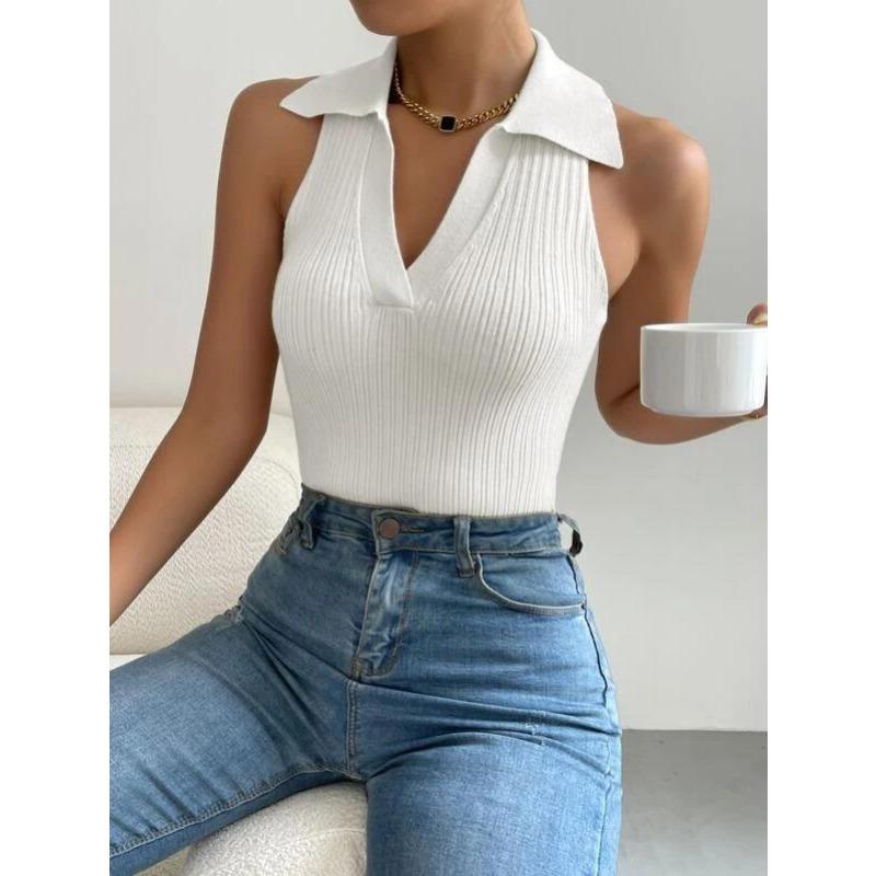 Женский летний новый однотонный жилет-поло с воротником-поло и полосками без рукавов