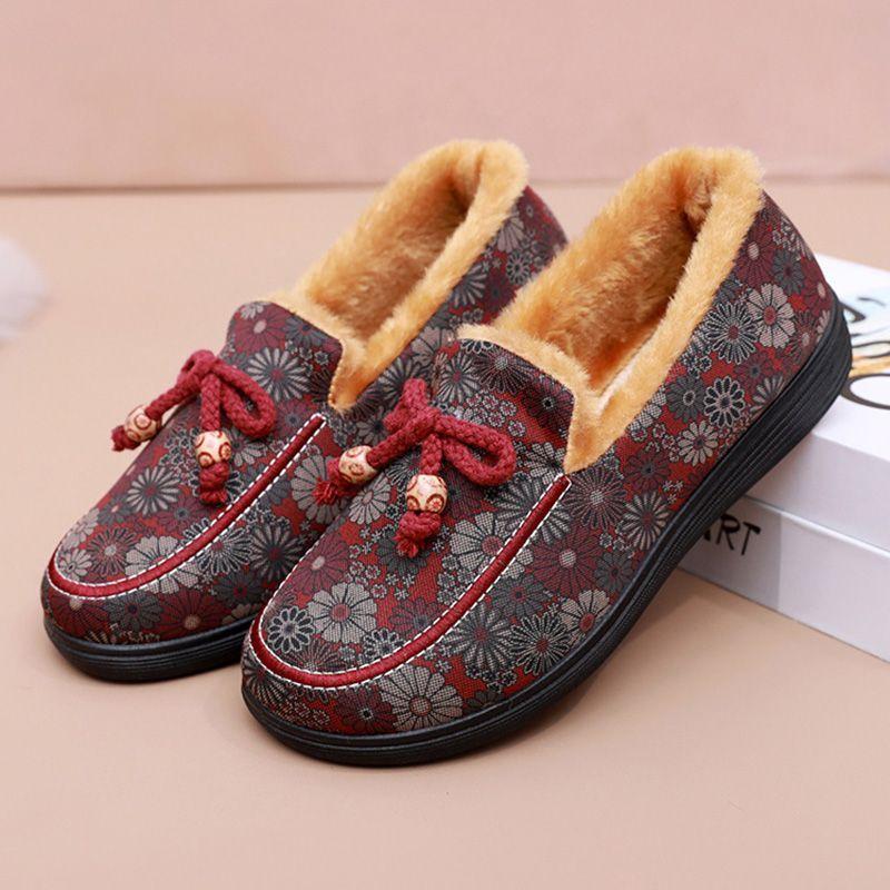 Зимняя обувь из ткани, женская обувь из хлопка, обувь на плоской подошве для людей среднего и пожилого возраста с плюшевым утеплителем и нескользящие хлопковые ботинки