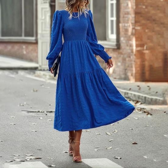 Осенне-весеннее женское платье с длинными рукавами-фонариками, трапециевидной формы, с круглым вырезом, однотонное плиссированное платье в стиле бохо, миди, платье для вечеринок и свиданий