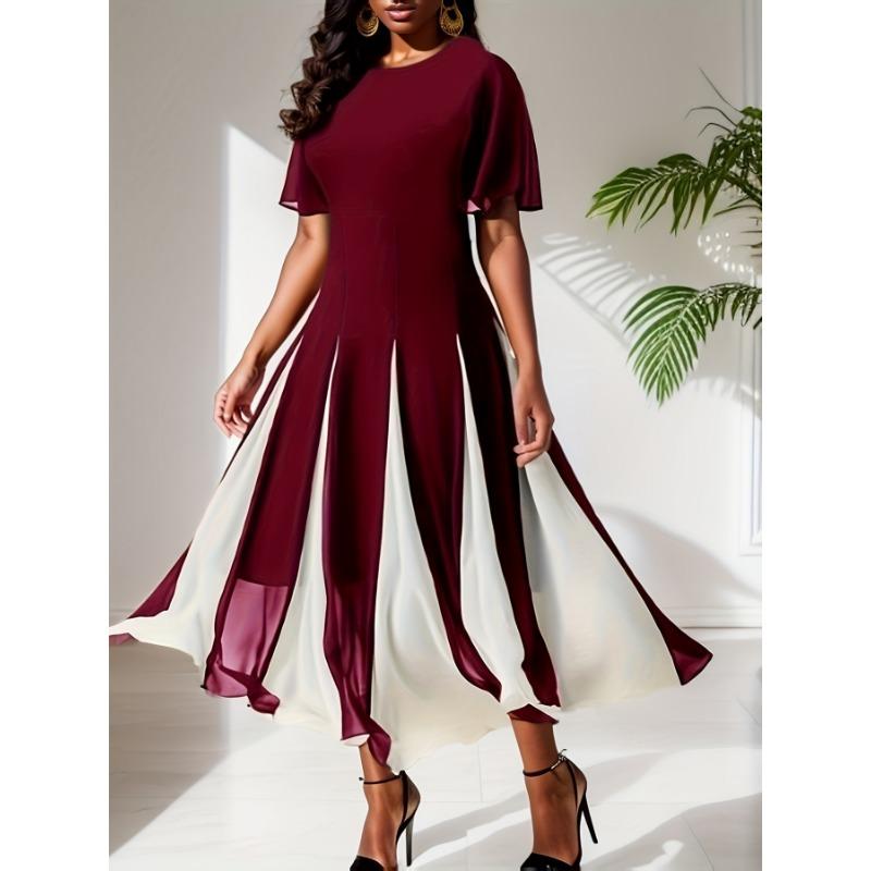 Женское цветное шифоновое платье с круглым вырезом и коротким рукавом в стиле весна-лето