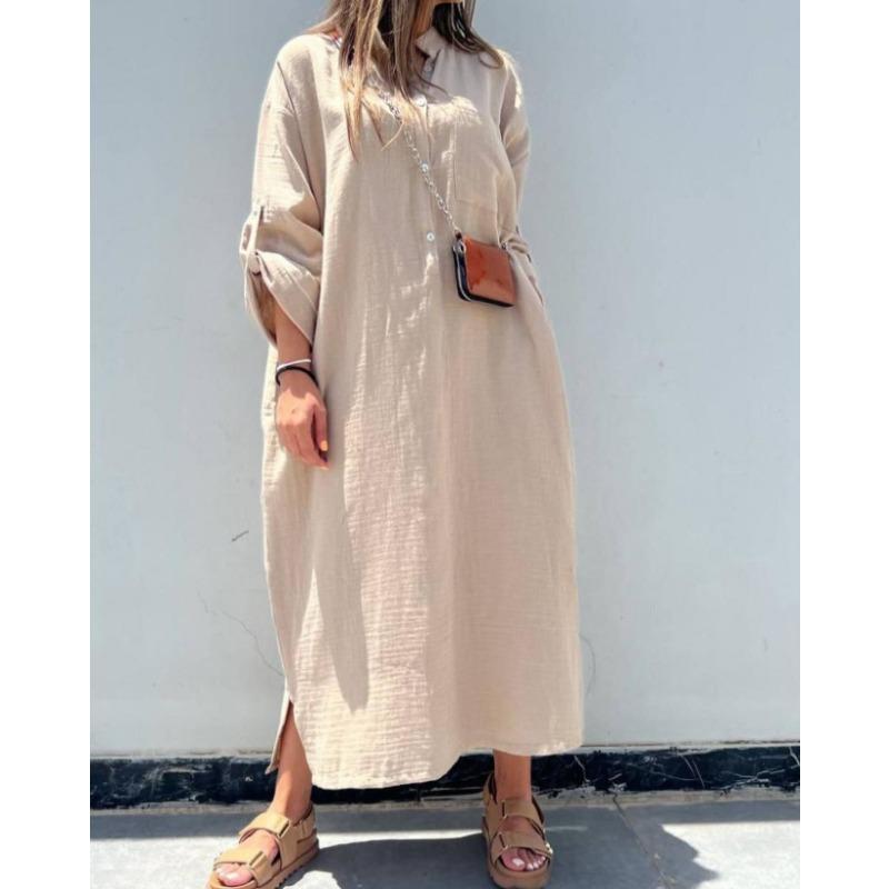 Винтажные женские летние хлопковые льняные длинные платья с воротником-рубашкой и закрученными пуговицами на каждый день