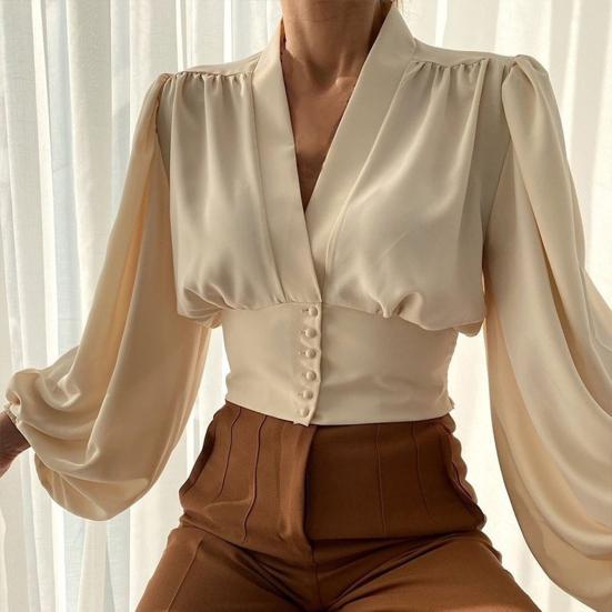 Women Shirt Solid Color Buttons Spring Autumn Temperament Slim-fitting Shirt