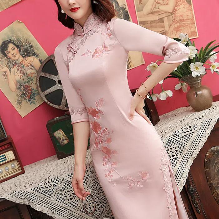 Современное платье-чеонгсам большого размера с вышивкой из шелка и винтажным шанхайским воротником, облегающее