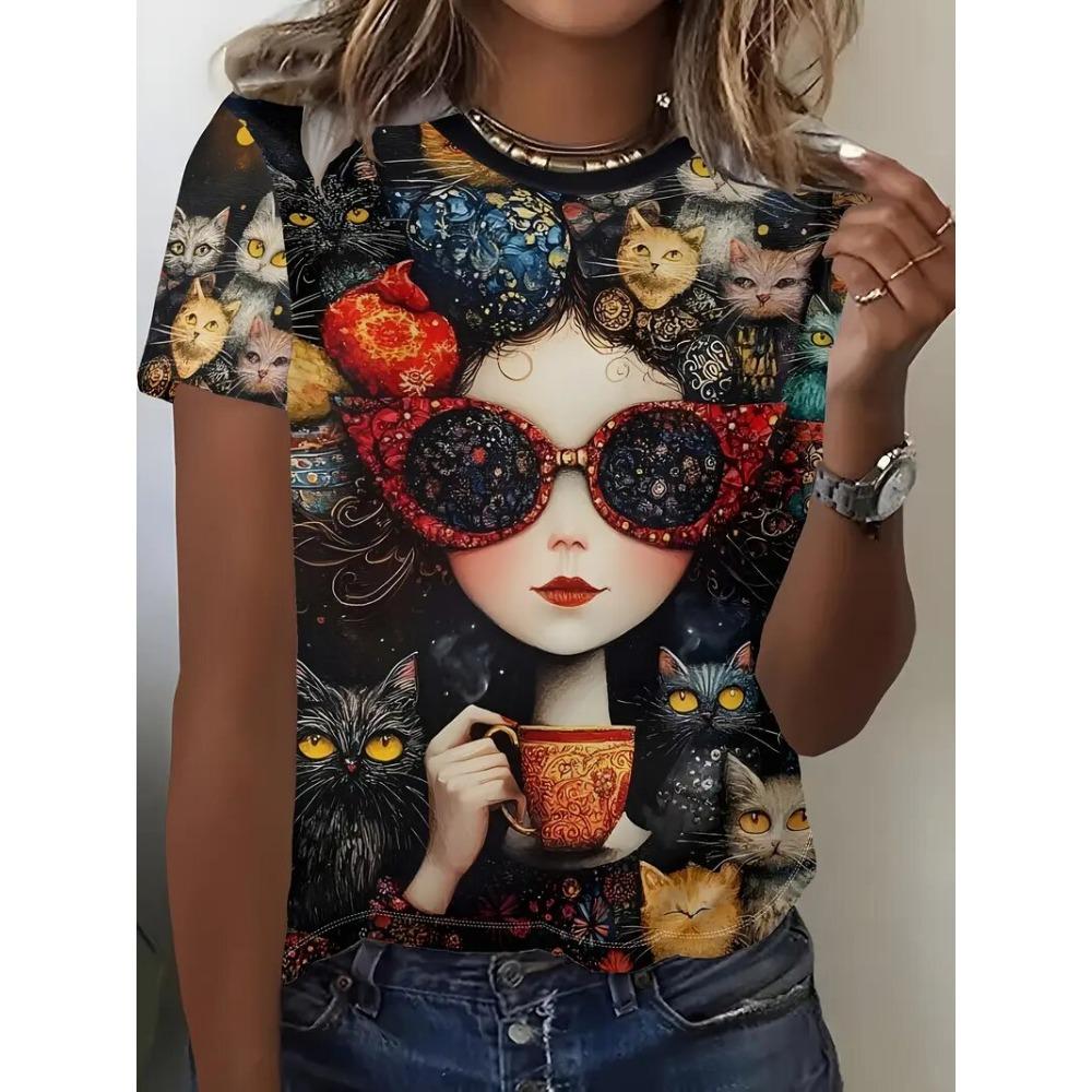 Women's T-Shirts Cartoon Characters Print Harajuku Vintage Short Sleeve O Neck Funny Top
