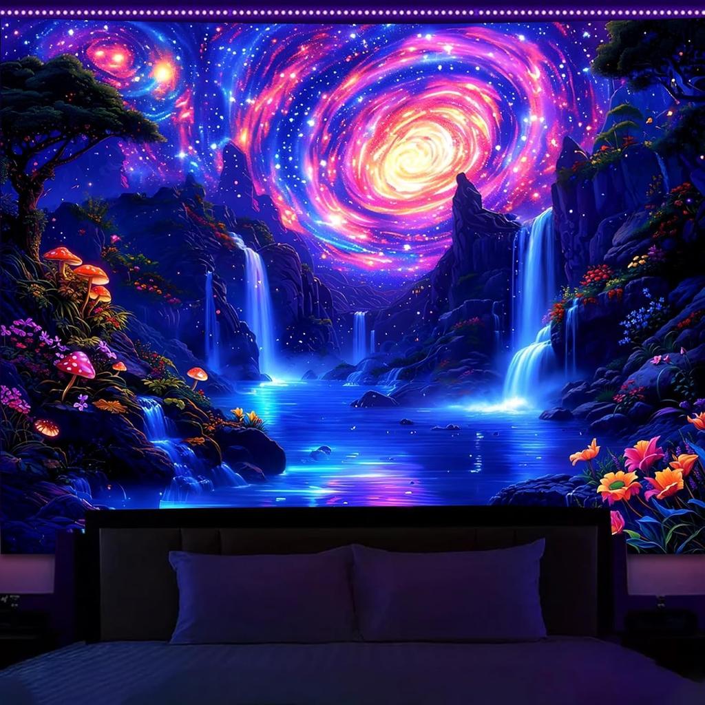 Гобелен Manicer Blacklight Jellyfish Forest – Фантастический подводный мир с медузами в заколдованном лесу, реагирующий на УФ, Неоновое искусство природы, светящееся в темноте, Настенный декор