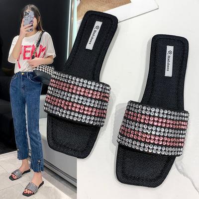 Яркие стразовые шлепанцы женские летние новые фея на плоской подошве прохладные шлепанцы женская мода мягкая подошва большой размер шлепанцы на перемычке