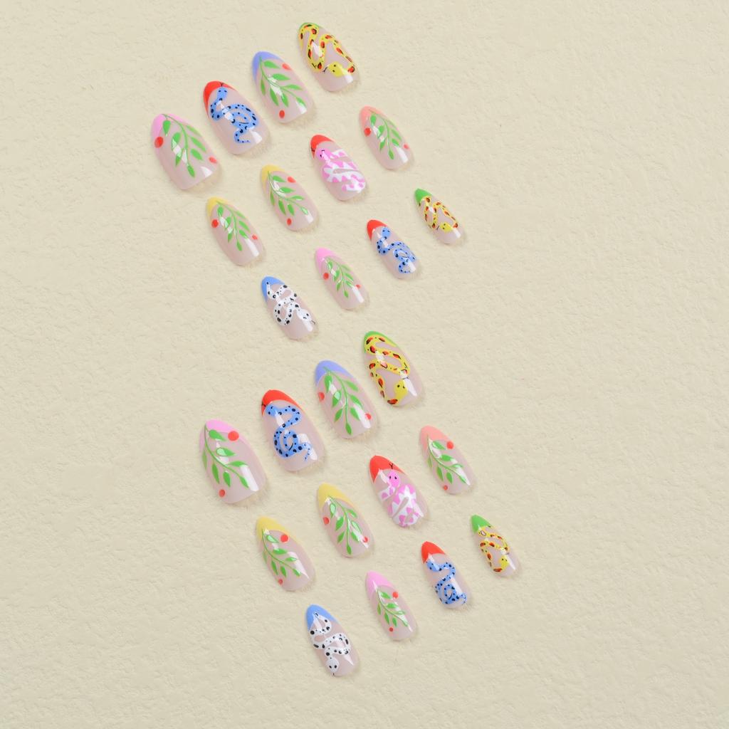 24 шт. Лесные красочные накладные ногти, короткие миндальные накладные ногти с зелеными ветками и рисунком змеи, глянцевые накладные ногти с полным покрытием