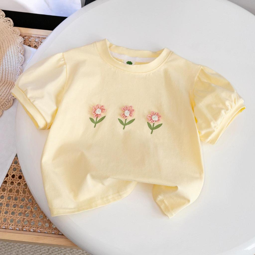 Футболка с короткими рукавами для девочек в корейском стиле из хлопка с 3D-цветочным узором - модная летняя детская одежда