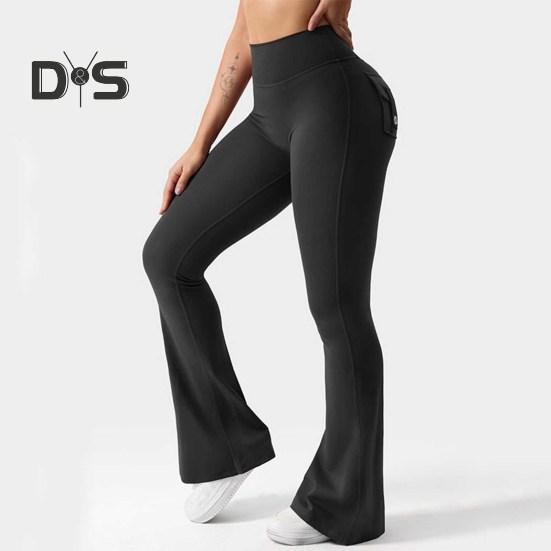Women Yoga Pants Solid Color Slim Fit Flared Pants with Pockets Thin Elastic Cargo Style Sexy Ruched Long Pants