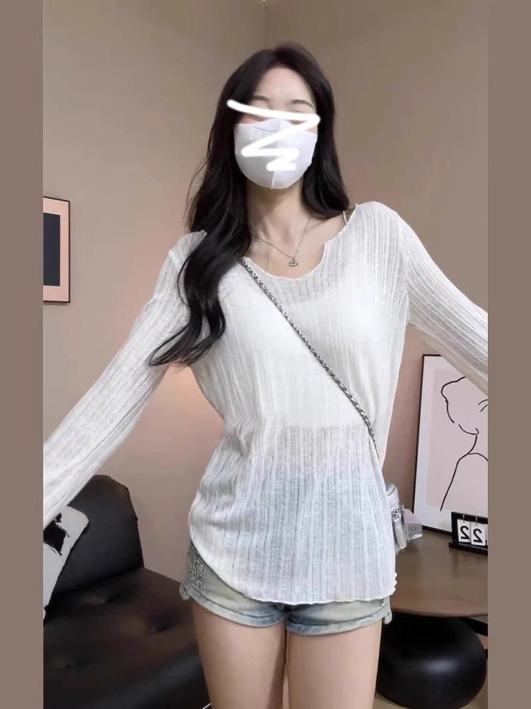 Элегантный кардиган с V-образным вырезом, микро-прозрачный, для защиты от солнца - женская летняя базовая рубашка с длинным рукавом свободного кроя