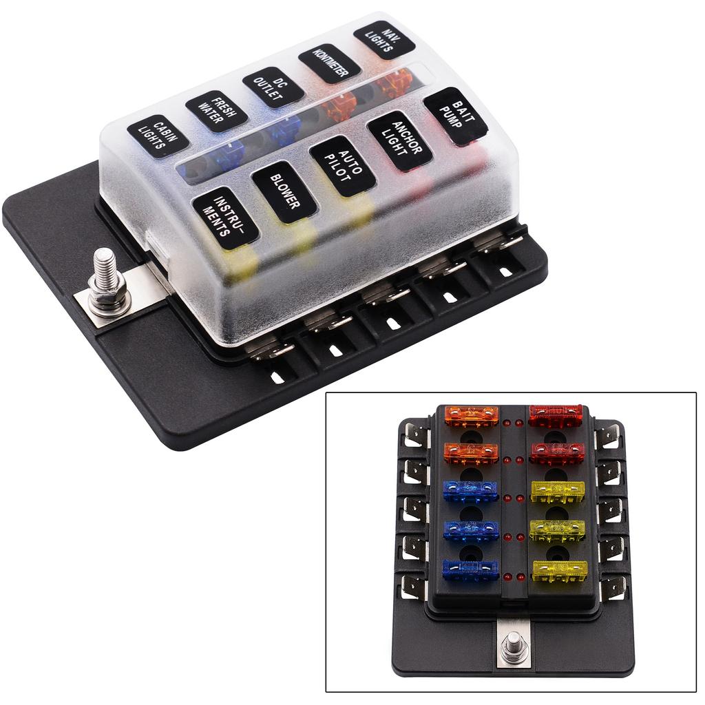 PC Terminal Block Type, 1 In 10 Out Fuse Boxes for Cars, RVs, and Ships, with LED Lights, 12-32V