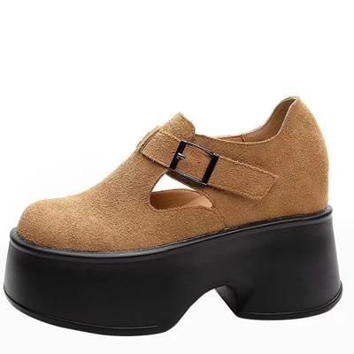 Модные туфли из натуральной кожи 11 см, супер толстая подошва, танкетка, женская пряжка, осень-весна, скрытые каблуки, модная женская обувь