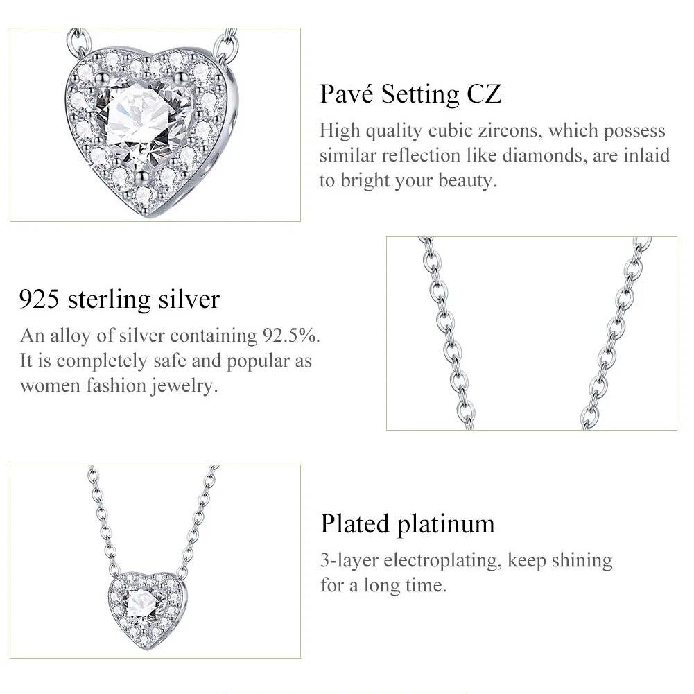 S925 Sterling Silver Bright Love Necklace Chain Dazzling Shiny Heart Shape Crystal Charm Wedding Engagement Jewelry