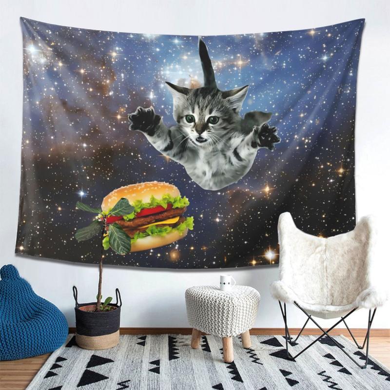 VIKAMA Funny Cosmic Cat Burger Tapestry Starry Background Fun Cat Wall Hanging with Collage Elements for Bedroom Decor