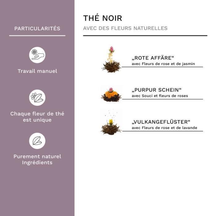 CREANO Tea Flowers - Coffret cadeau thé fleuri avec pot en verre de 500ml dans une boîte en bois - 6 roses de thé noir