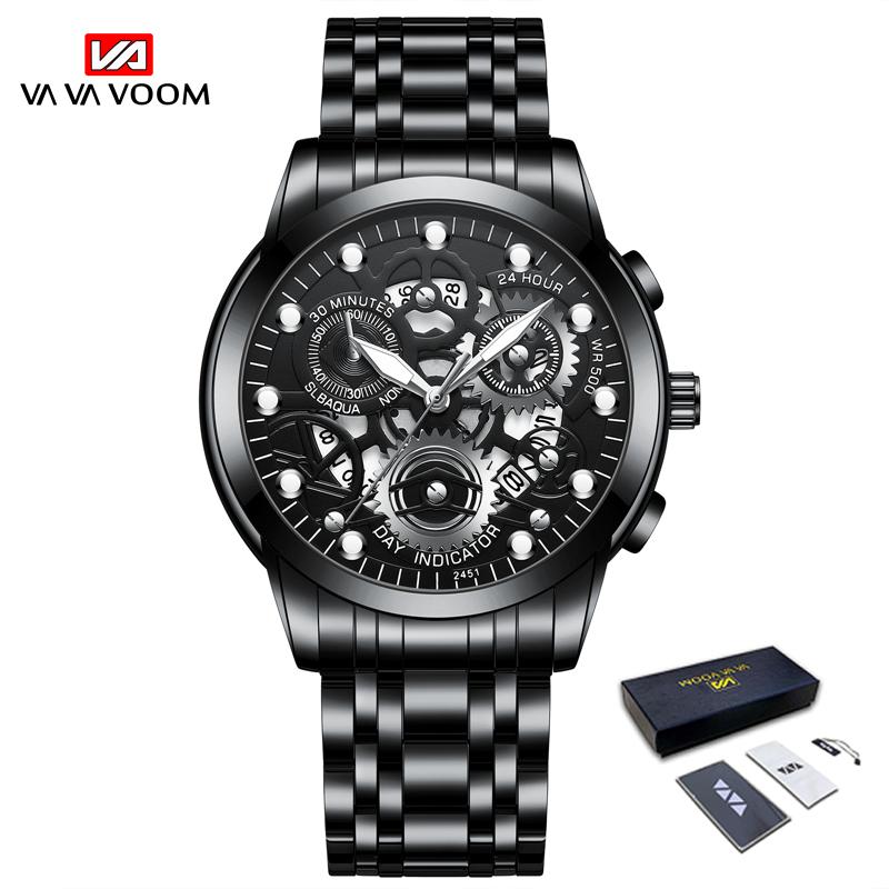 VA VA VOOM Золотые полые светящиеся кварцевые часы Часы со скелетом Мужские часы Импортные механизмы Деловые виды спорта для мужа Подарок Мужские часы из нержавеющей стали