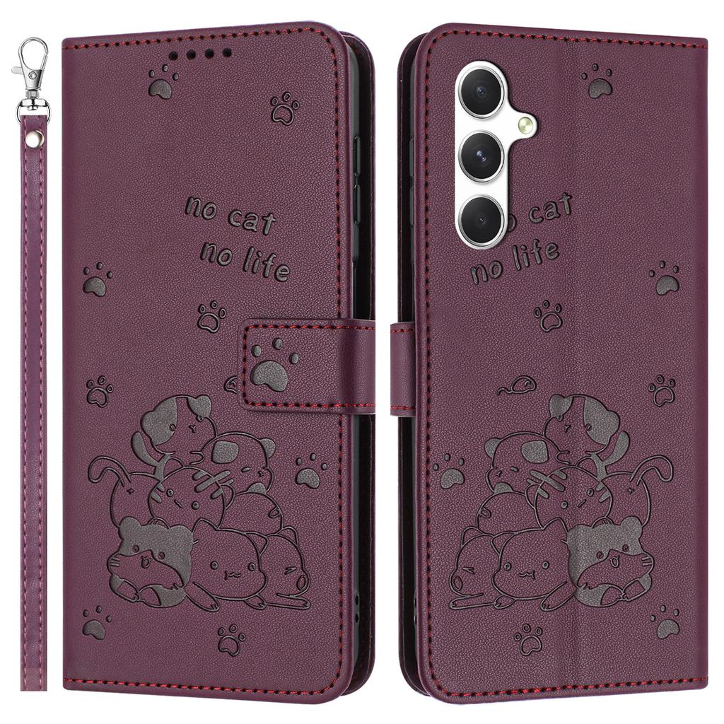 For Samsung Galaxy A55 5G Case with Strap Cats Imprint Leather Wallet Phone Cover