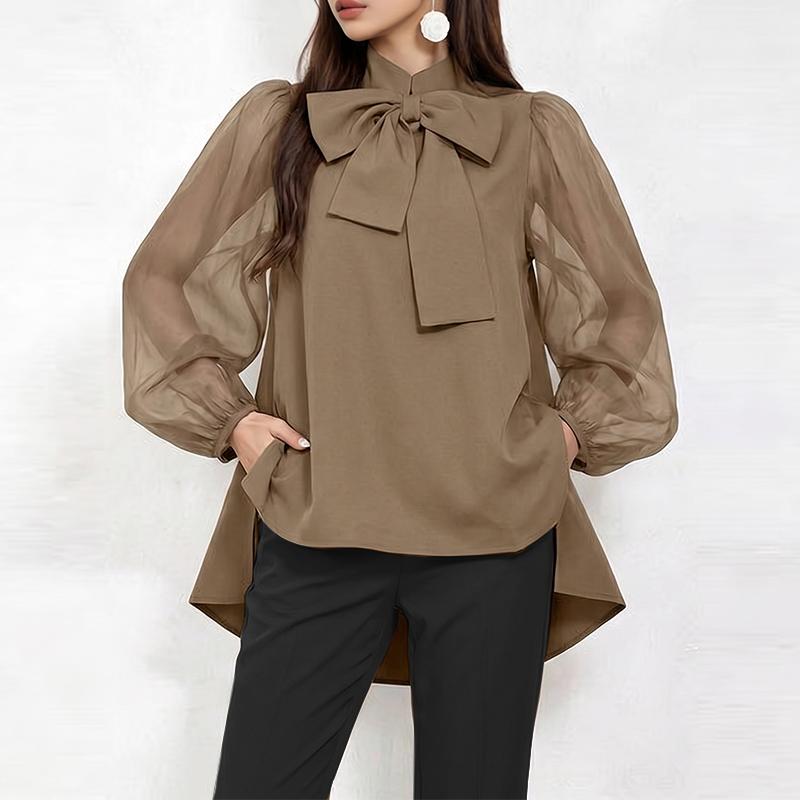 Stand Casual Women Collar Zanzea Seethrough Mesh Splice Nine Quarter Sleeve Elegant Blouse