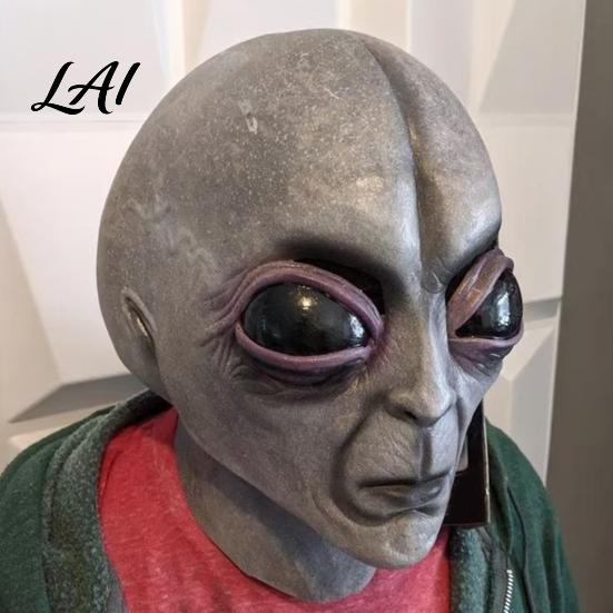 Soft Latex Alien Prop Halloween Grey Mask Full Head UFO Cosplay Mask with Big Realistic Eyes Sci Fi Party for Adults Trick or Treat Costume