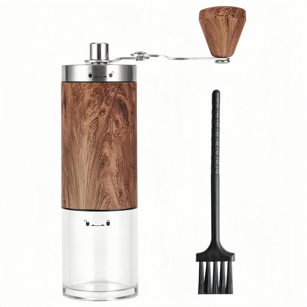 Manual Coffee Grinder with Ceramic Burrs, 304 Stainless Steel, Wooden Handle, 5-Level Adjustment, and Extension Crank for Home, Office, and Travel