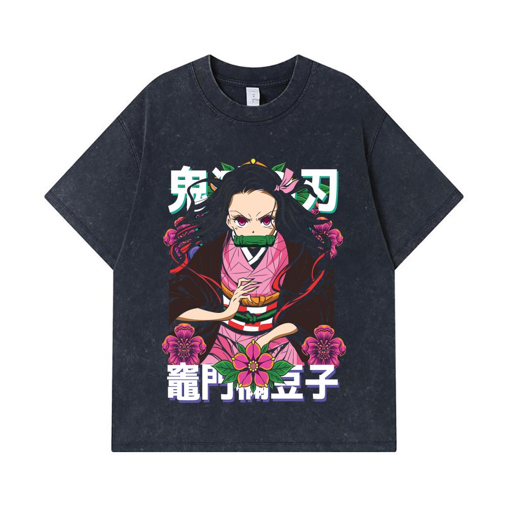 275 GSM Washed T-shirts 100% Cotton Demon Slayer V70 Nezuko Flower Print Unisex Heavy Cotton T Shirt
