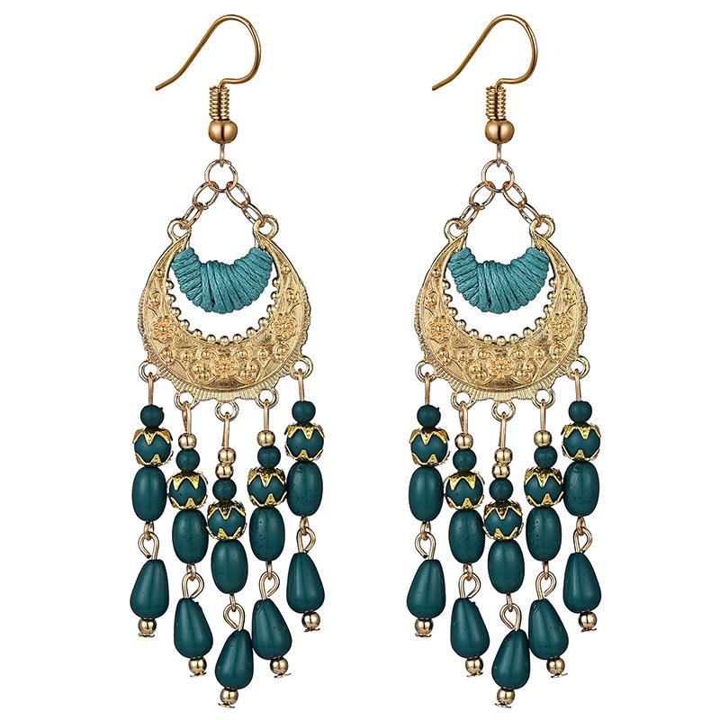 Bohemian Rice Bead Fringed Earrings Exaggerated Long Ear Hooks Fashion Ethnic Crescent Earrings