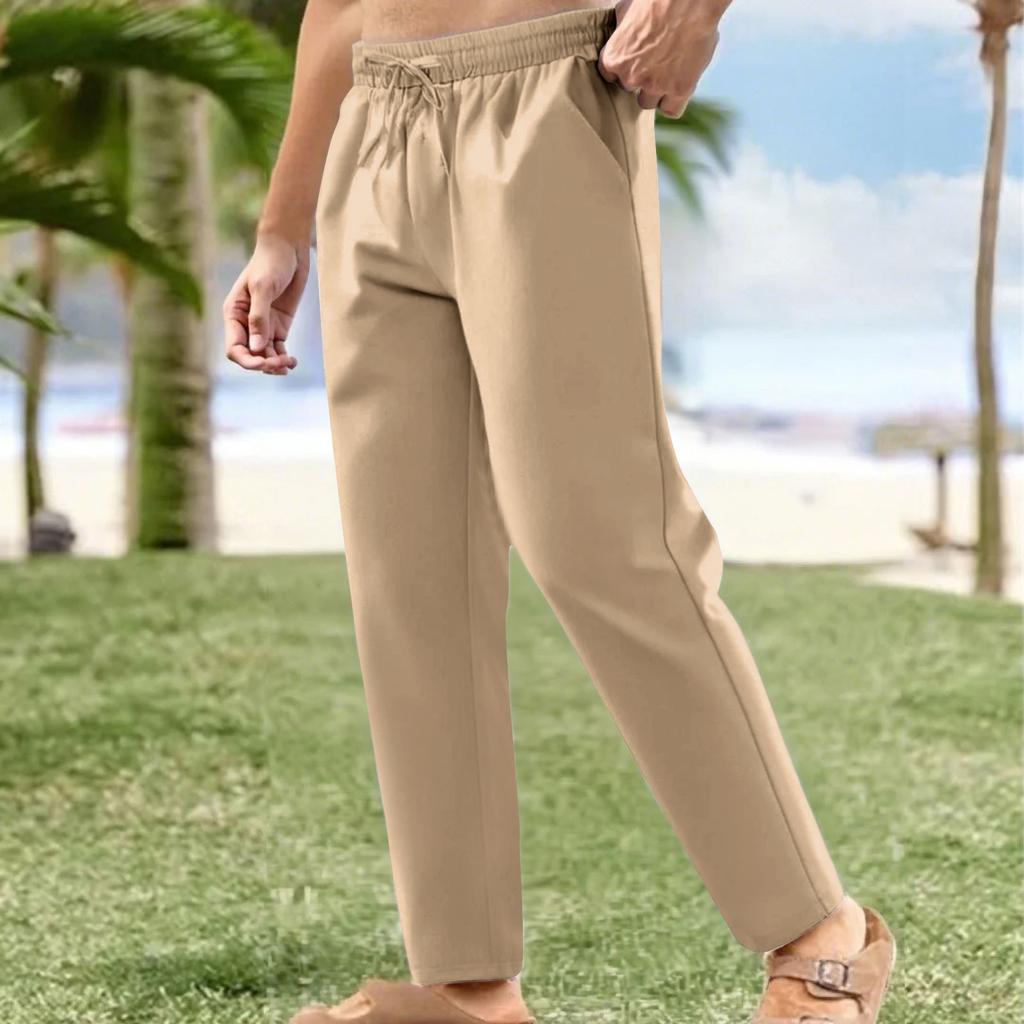 Льняные повседневные брюки мужские с эластичной талией и завязками на шнурке летние брюки для йоги и пляжа