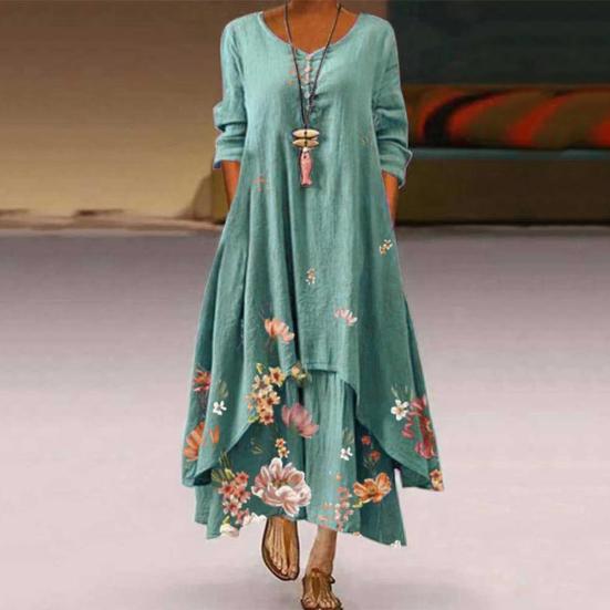 Spring Fall Dress with Pockets Vintage Flower Printing Irregular Layerd Hem Loose A-line Maxi Dress for Daily Work Party