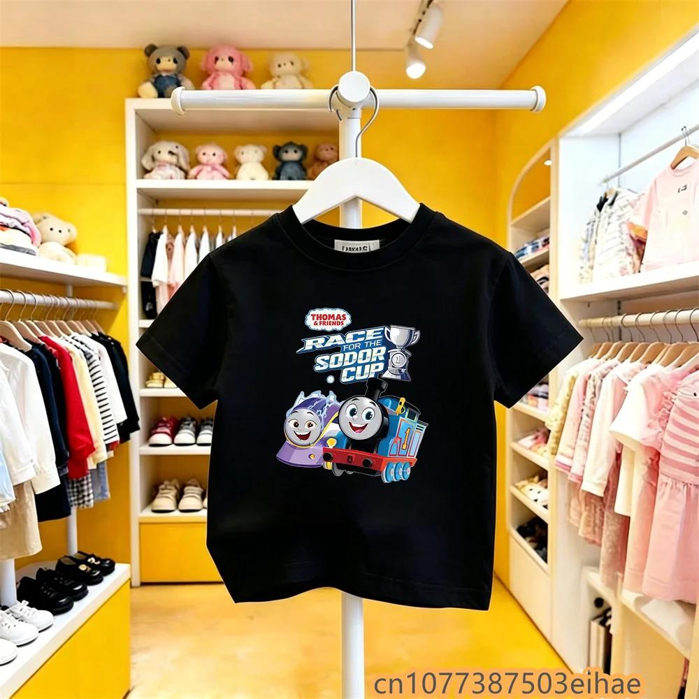 Thomas Train Print Kids Tshirt Summer Pure Cotton Short Sleeve Y2K Funny Cartoon Top Lightweight Comfortable Children Apparel