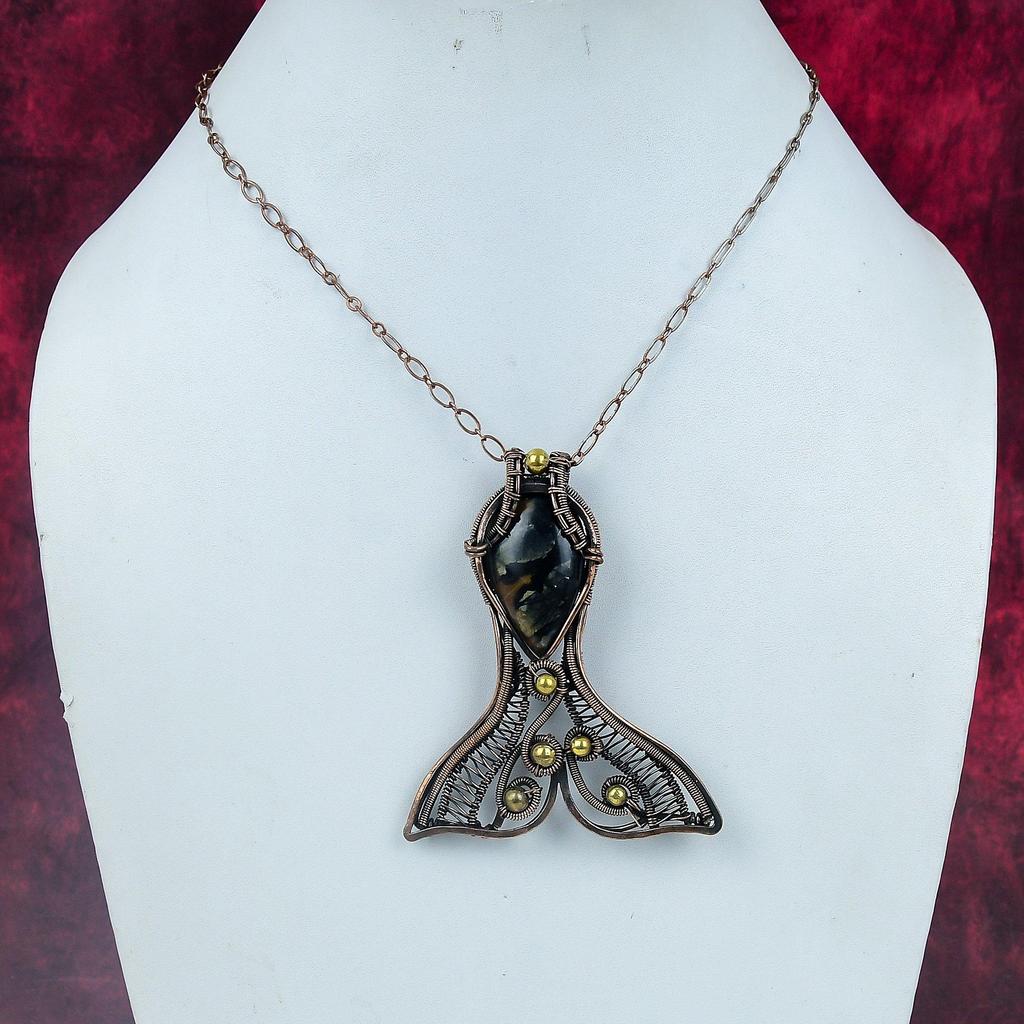 Picasso Jasper Gemstone Pendant Handmade Copper Wire Wrapped Jewelry Fish Pendant