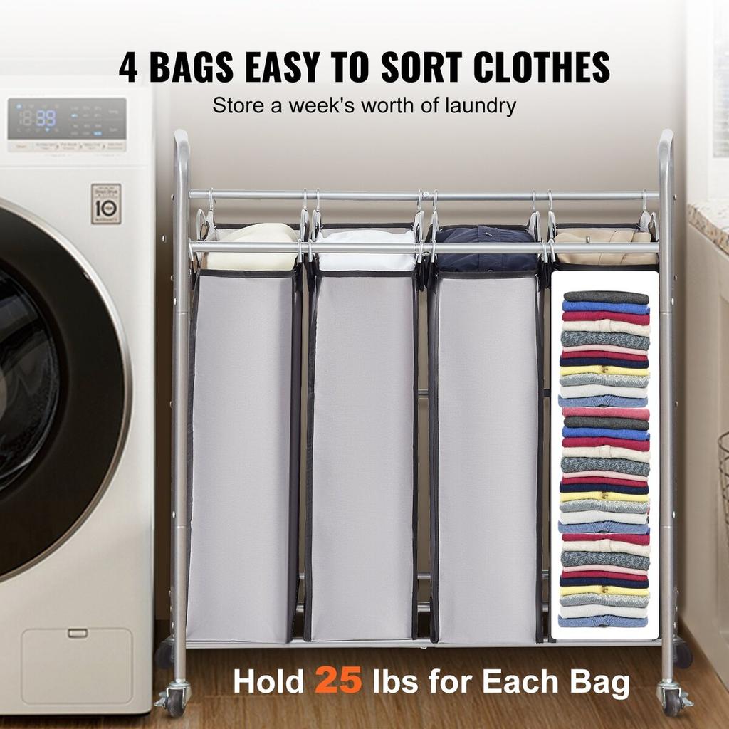 Laundry Sorter Cart 4 Section, Laundry Hamper with Heavy Duty Lockable Wheels and 4 Removable Bags, Rolling Laundry Basket Sorter for Clothes Storage