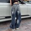 Womens Vintage Distressed Jeans High Waist Straight Wide Leg Pants 2026 Streetwear