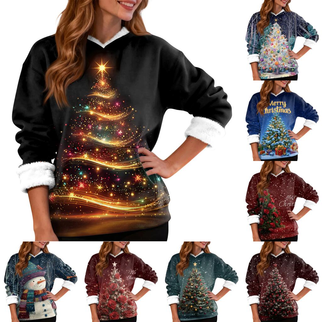 Women's Casual Fashion Plus Velvet Thickened Christmas Print Hooded Sweatshirt