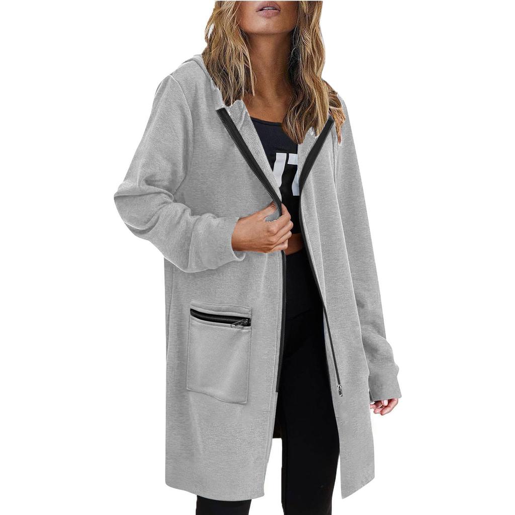 Women's Fashionable Solid Color Coat Long Sleeved Pocket Long Hoodies Zipper Casual Jackets Sweatshirts Clothes