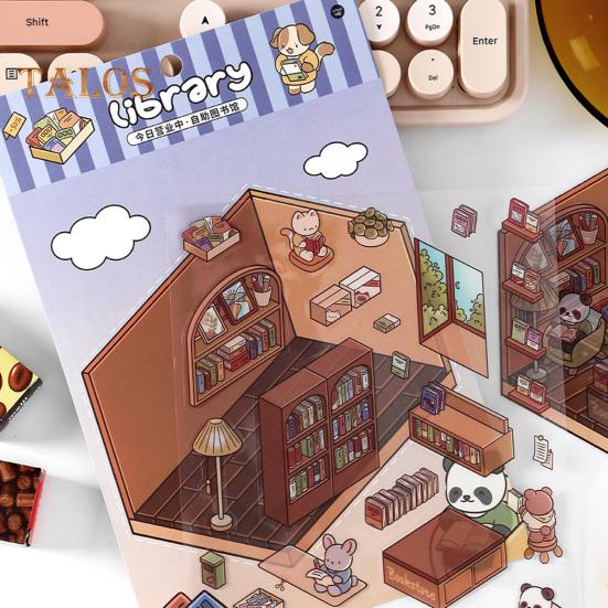 4 Set 3D DIY House Scene Stickers Stress Relief Decals Supermarket Coffee Shop Bookstore Sun Room Library Tear-resistant Surface Stickers