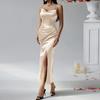 Women's Satin Bodycon Dress Spaghetti Strap Side Slip Long Dress Cowl Neck Sexy Club Midi Dresses for Evening Birthday Party Weddings