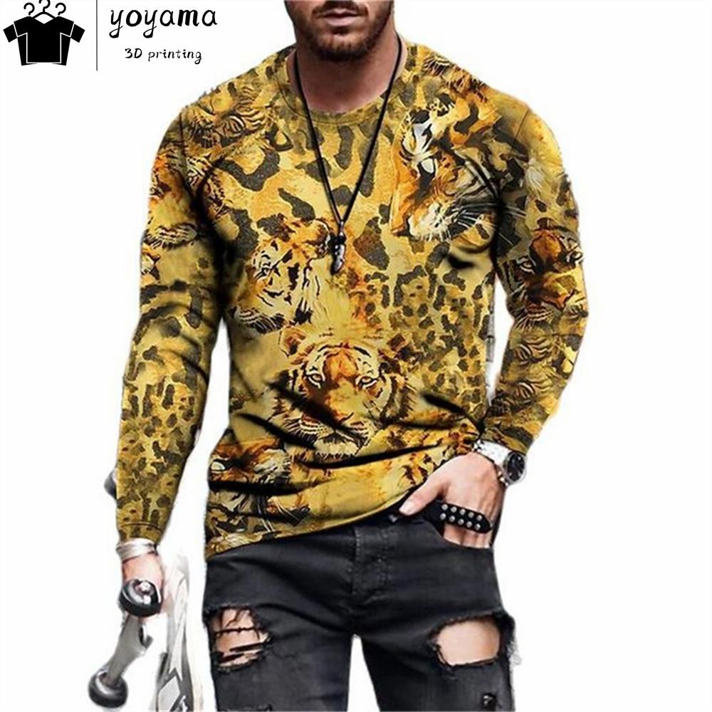 Футболки с принтом тигра Мужская одежда Модная мужская футболка с круглым вырезом и длинным рукавом Повседневная свободная мужская одежда с принтом тигра Топы