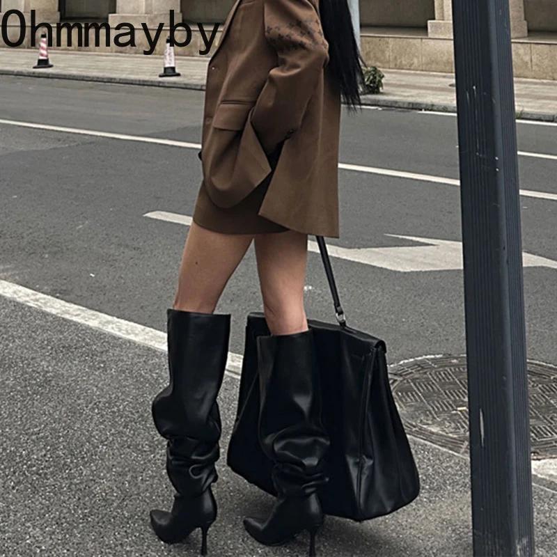 Модные дизайнерские женские сапоги с острым носком выше колена, модные женские длинные сапоги с большим цилиндрическим обхватом и тонким высоким каблуком