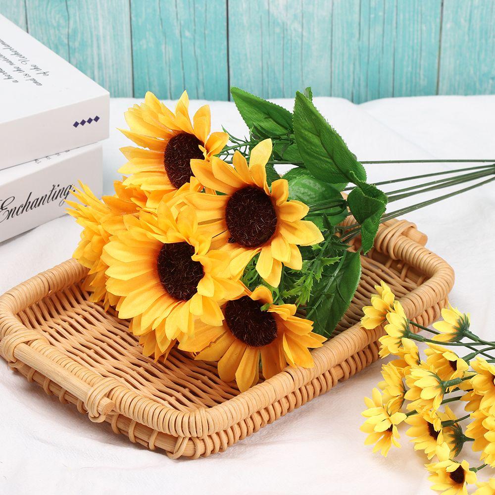 5/7/22 Heads Decorative Bright Yellow Real Touch Artificial Flower Fake Flores Bouquet Wedding Decoration Silk Sunflower