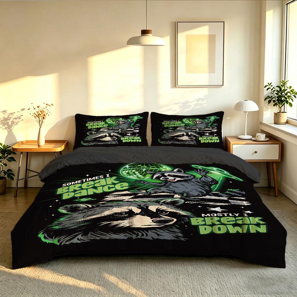 3pcs Graffiti Raccoon Animal Print Multi Size Coreless Duvet Cover Set Soft Summer Cool Bedding Decoration Machine Washable
