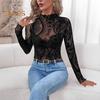 Women Tops Round Neck Long Sleeve Slim Fit Spring Autumn Pullover Tops See-through Geometric Lace Flower Mesh T-shirt