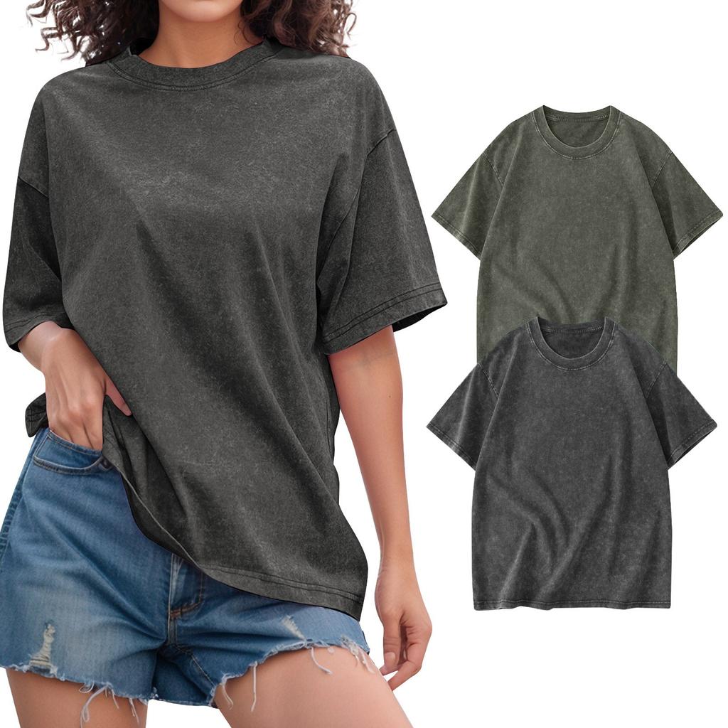 2PC Unisex T-shirt Casual Loose Solid Color Round Neck Pullover Short Sleeve T-shirt Top