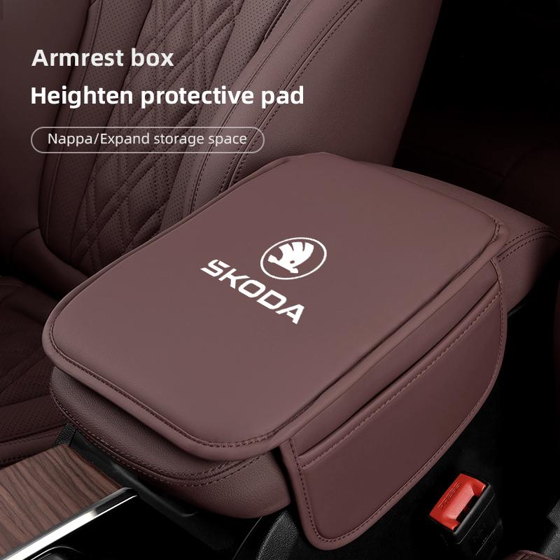 CWWR6 Leather Car Armrest Box Pad Central Arm Rest Storage Pocket Protective Cover For New Skoda Octavia Kodiaq Fabia Superb Karoq