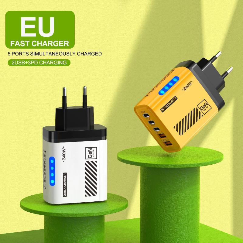 240 Вт 5 портов Зарядное устройство для мобильного телефона 2 USB 3 Type-C Быстрая зарядка PD QC 3.0 Quick Charge Адаптер настенного зарядного устройства Штекер US EU Для Xiaomi