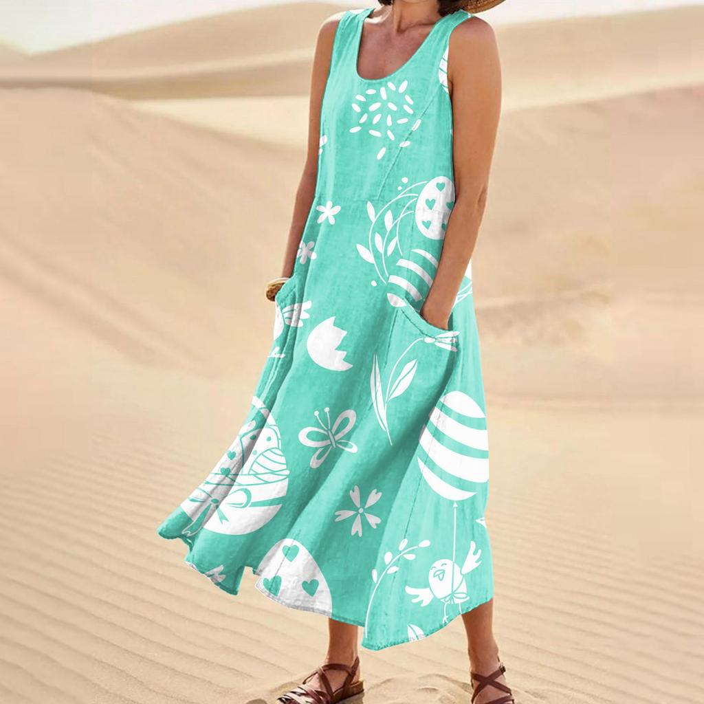 Women's Summer Casual Fashion Easter Printed Sleeveless Round Neck Pocket Dress