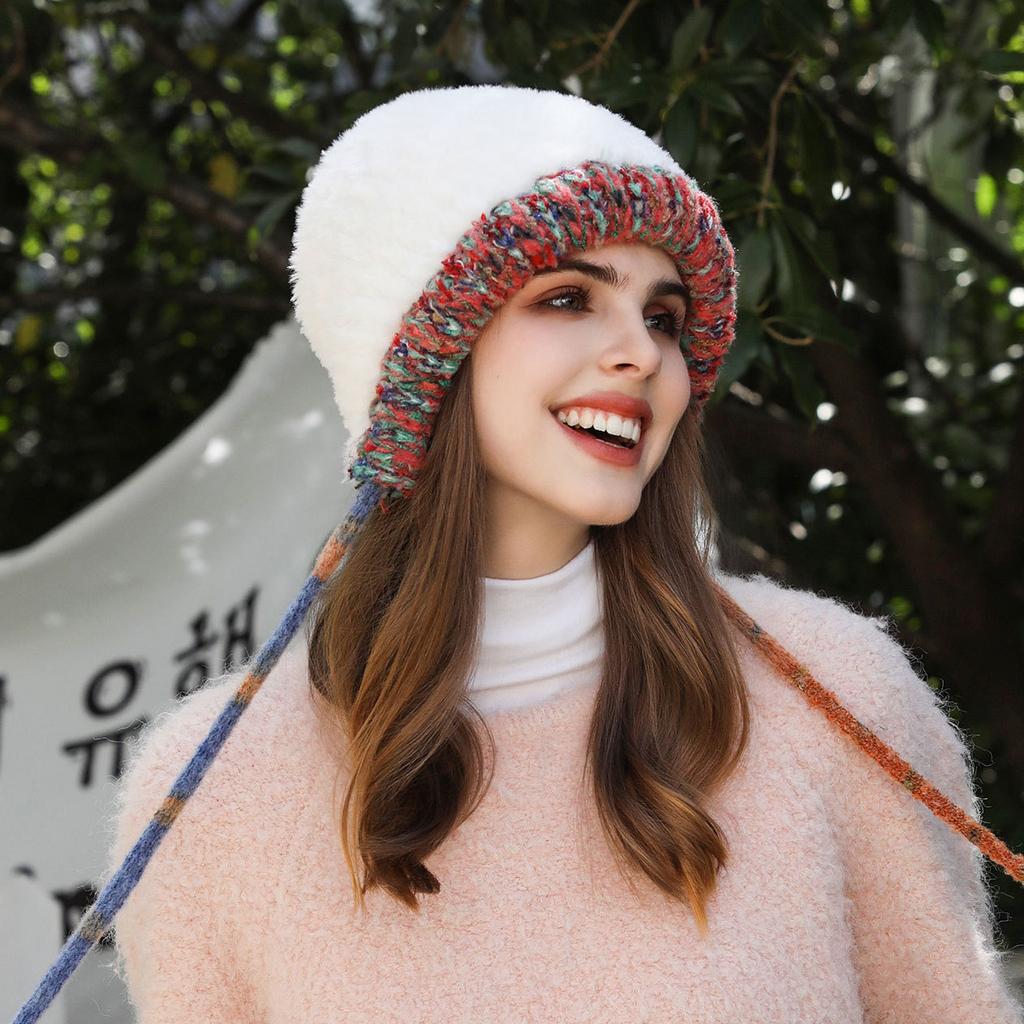 Thickened Plush Hat Autumn and Winter Cute Women's Knitted Hat Cold-proof and Warm Ear Protection Wool Hat Versatile and Small Face