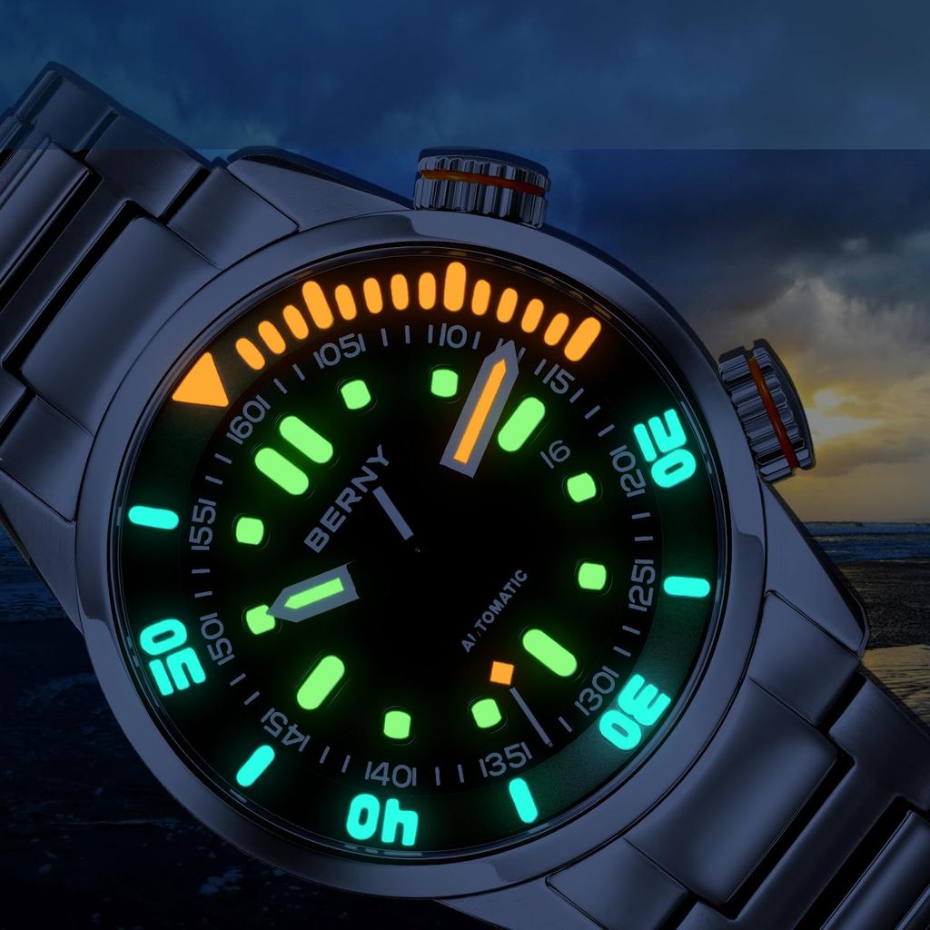 BERNY Watch Мужские механические часы с ручным заводом Автоматические часы для дайвинга на глубине 200 м Наручные часы Твердость HV600 Сапфировое стекло Прочная нержавеющая сталь